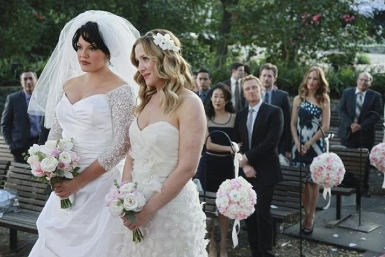 Dr. Callie Torres (Sarah Ramirez, left) and Dr. Arizona Robbins (Jessica Capshaw) were married during the  seventh season of "Grey's Anatomy" in 2011. The pair also had a baby girl they shared with her father, Dr. Mark Sloan (Eric Dane).