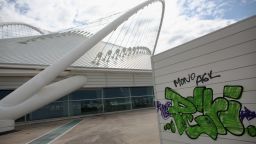 Graffiti on the velodrome building in the 2004 Olympic Games Complex on February 18, 2012 in Athens, Greece.