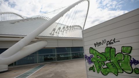 With graffiti apparent, the 2004 Olympic Games Complex appears in disrepair in February 2012 in Athens, Greece. 