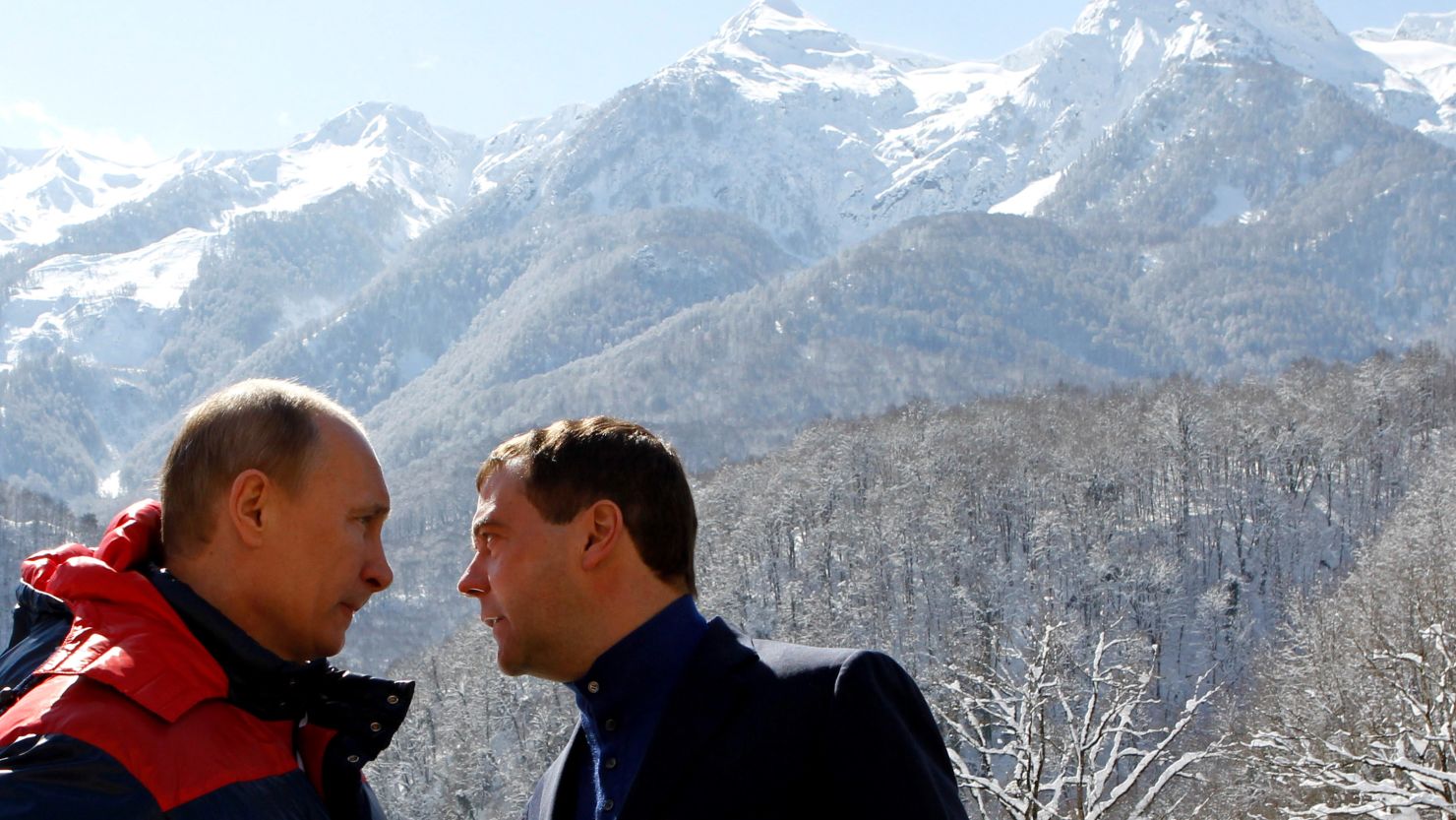 Vladimir Putin and Dmitry Medvedev visit a ski resort close to Sochi where the 2014 Winter Olympics will be held. 