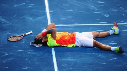 Fernando Verdasco celebrates after ending Rafael Nadal's 22-match clay winning run at the Madrid Open.