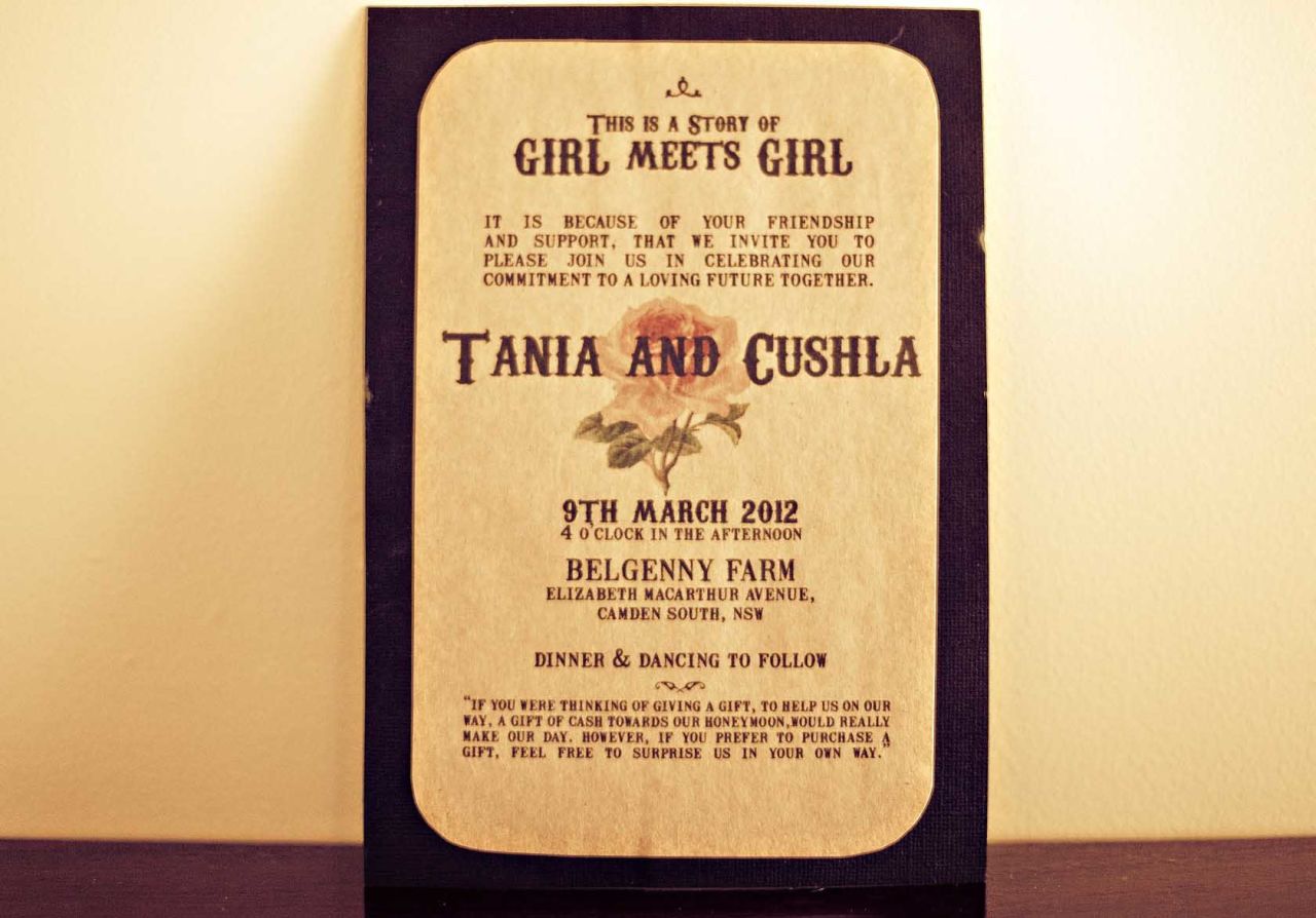 Guests were invited to the event with the words "this is a story of girl meets girl" typed in a retro font to fit their theme. <a href="http://twobirdsnest.com/" target="_blank" target="_blank">Twobirdsnest.com</a>