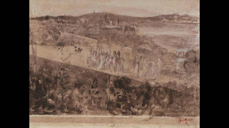 On March 18, 1990, a pair of thieves disguised as Boston police officers entered the Isabella Stewart Gardner Museum and stole 13 priceless works of art. Twelve of the 13 pieces stolen are included in this gallery. Here you see one of five "Gouache" drawings by Edgar Degas.