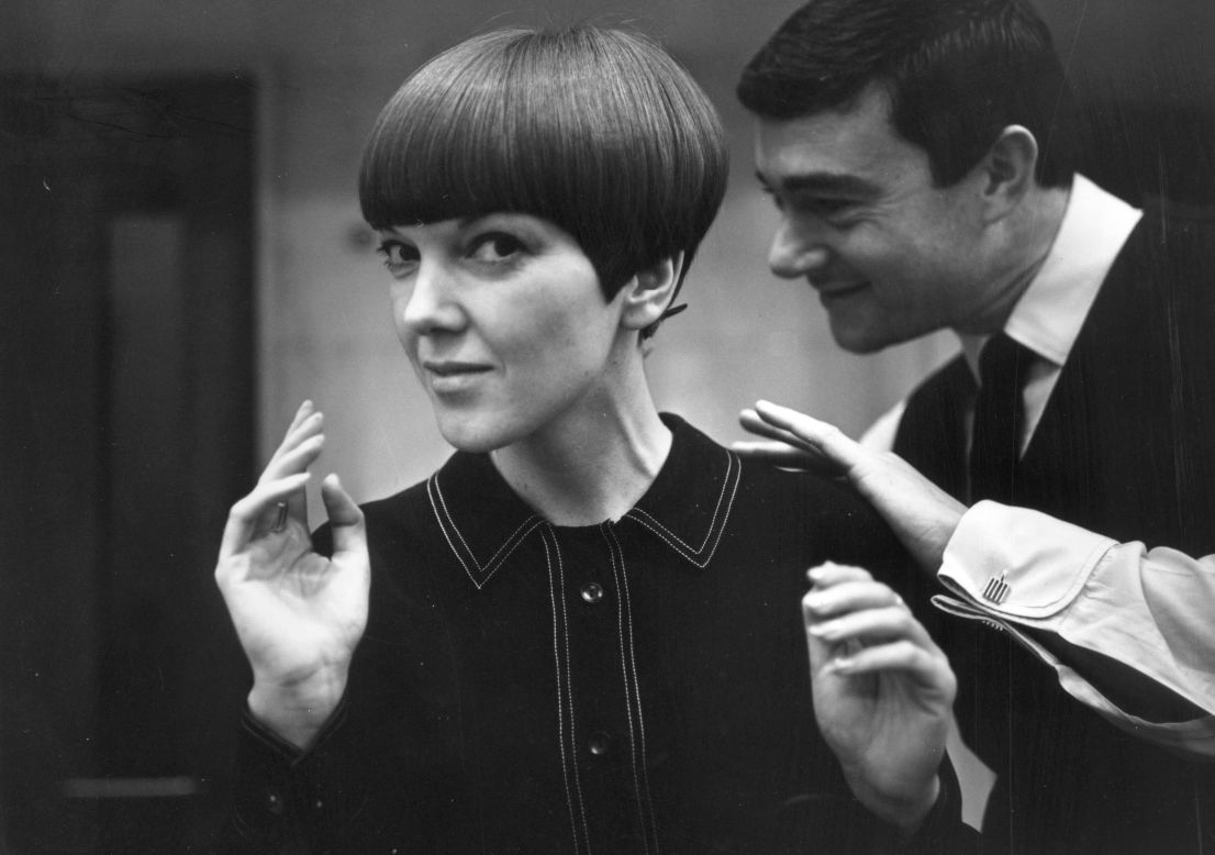 Clothes designer Mary Quant, one of the leading lights of the British fashion scene in the 1960's and the designer responsible for the mini-skirt, having her hair cut by her fellow fashion icon Vidal Sassoon in 1964. Quant called Sassoon the "Chanel of hair". 