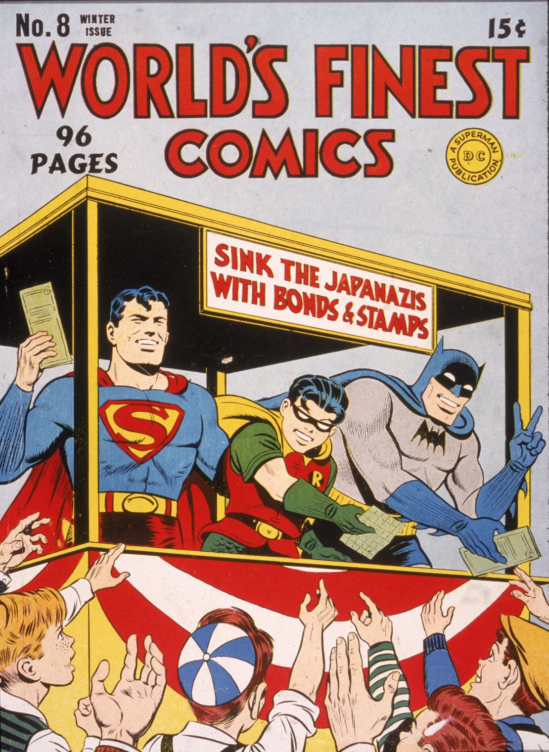 Cover illustration for 'World's Finest Comics,' with Superman, Batman and Robin selling US War Bonds to sink the 'Japanazis' in World War II, 1940s.