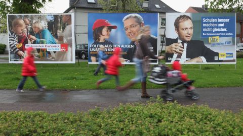 Campaign posters adorn the streets of Erkelenz ahead of an election in the German state of North Rhine-Westphalia