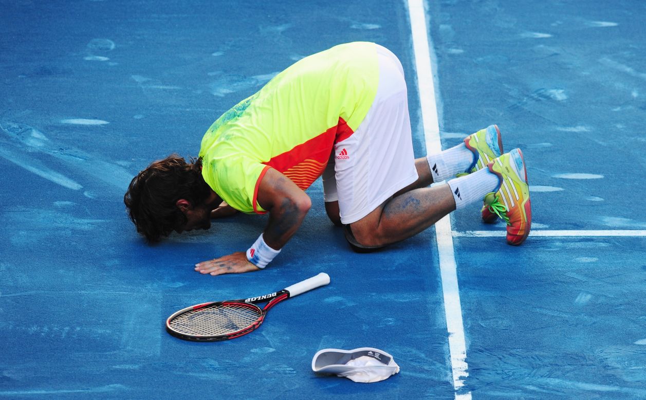 Fernando Verdasco kisses the blue clay in Madrid after beating world No. 2 Rafael Nadal in a huge upset. "I never was in control of the match, I didn't know how to win a point," said Nadal, who is the modern era's "King of Clay."  
