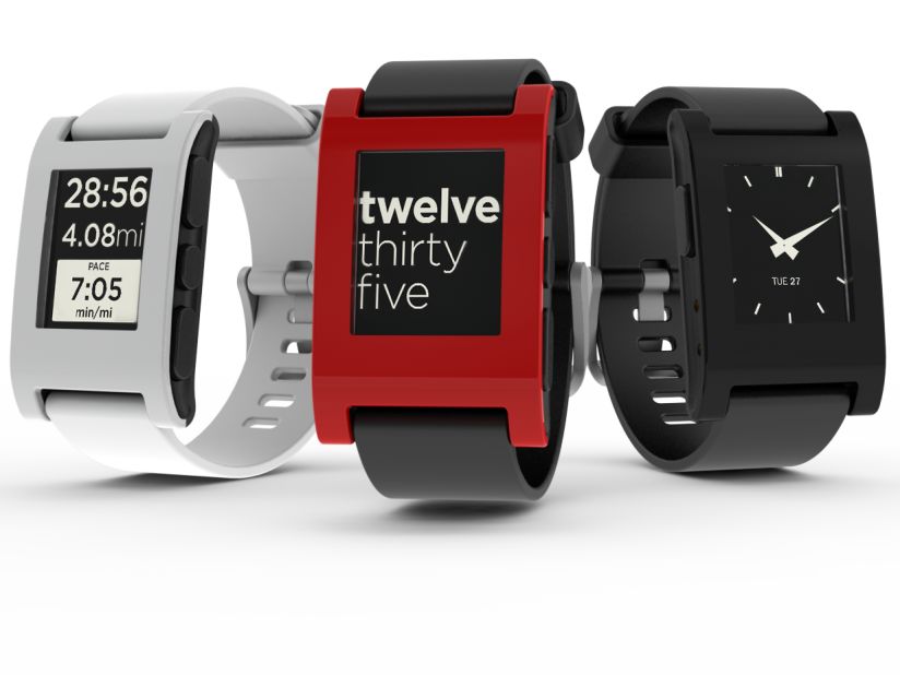 The $150 <a href="http://getpebble.com" target="_blank" target="_blank">Pebble</a> waterproof watch has a black-and-white, e-paper screen, which can be customized with specially designed watch faces. It connects to iOS and Android smartphones over Bluetooth and vibrates to notify the wearer of incoming calls, e-mail, texts and other alerts. There are also downloadable music and sports apps.