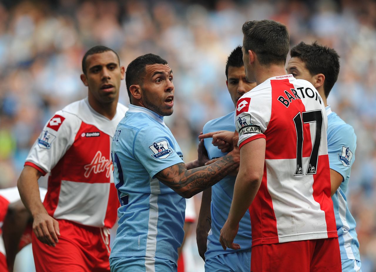 54 minutes: With City looking shell-shocked, QPR captain Joey Barton is sent off after a clash with Carlos Tevez. 