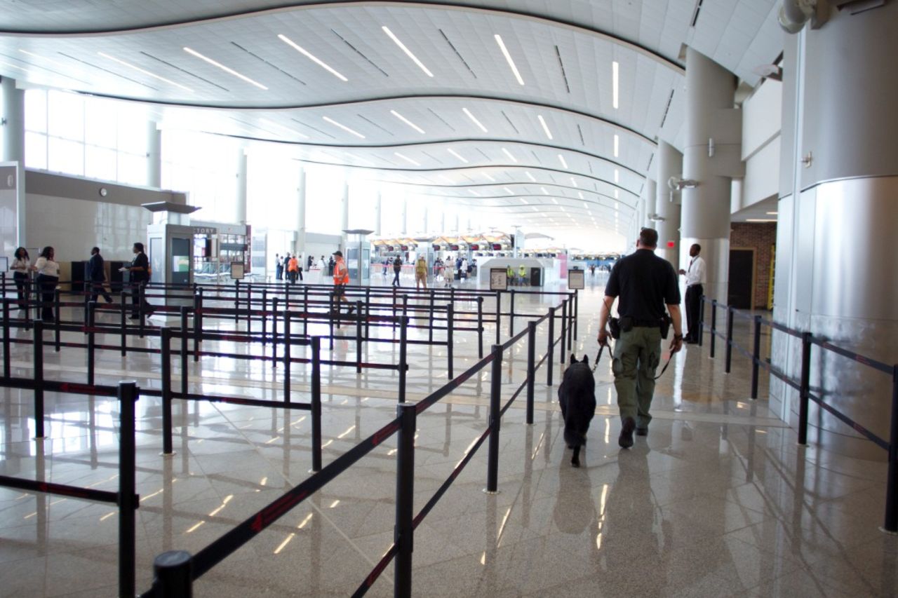 There are eight security checkpoint lanes for international departing passengers. 