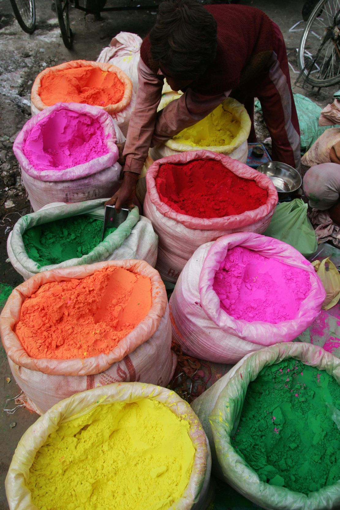 An array of colored powders adorn this stall in Chandni Chowk