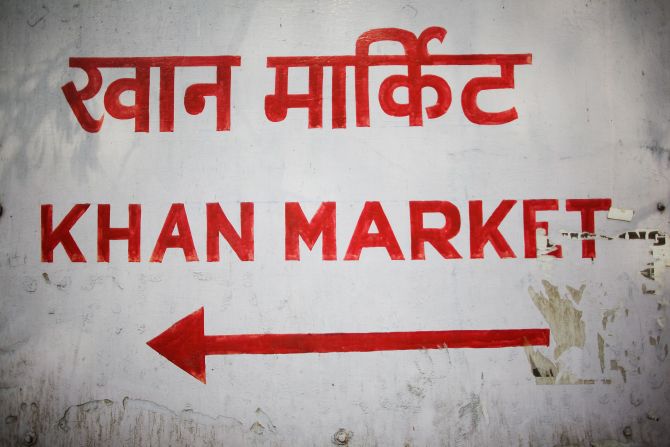 A sign for Khan Market ,written in Hindi and English. It's the most upscale place to shop in New Delhi and is the go-to destination for affluent residents, tourists and expatriates searching for familiar brands.