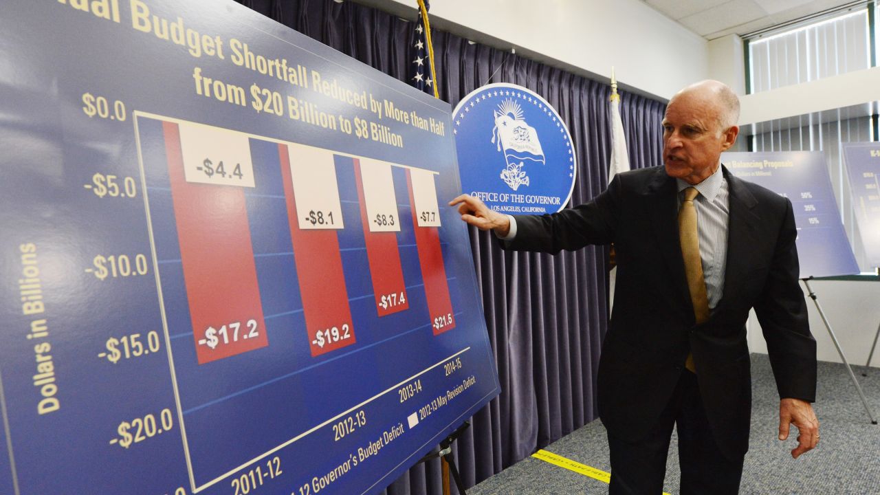 Gov. Jerry Brown speaks at a news conference about California's budget problems on Monday.