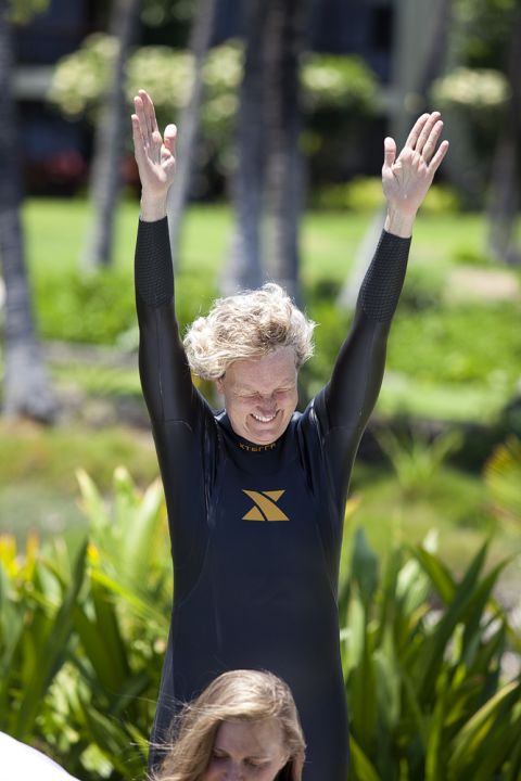Klinger wins the race for getting into a wetsuit the fastest during the team's first swim workout.