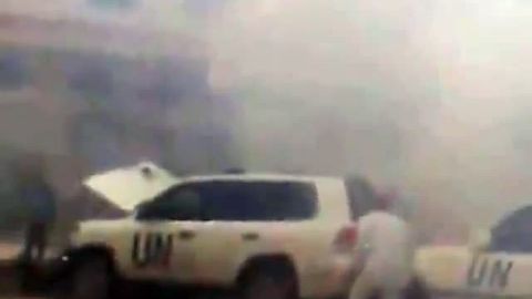 An image grab from Youtube on May 15, 2012 allegedly shows a UN observers convoy after a roadside bomb exploded.