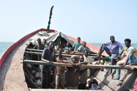 The 30 men are crowded in the boat in intolerable conditions. Toure said filming had its hazardous moments, as some of the cast, like the characters they played, could not swim.