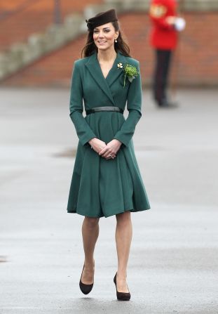 Kate donned a belted emerald coat by Emilia Wickstead on St. Patrick's Day in Aldershot, England. She accessorized her ensemble with a gold shamrock brooch -- a royal heirloom, according to<a href="index.php?page=&url=http%3A%2F%2Fwww.telegraph.co.uk%2Fnews%2Fuknews%2Ftheroyalfamily%2F9150267%2FDuchess-of-Cambridge-presents-St-Patricks-Day-shamrock-to-Irish-Guards.html" target="_blank" target="_blank"> The Telegraph.</a>