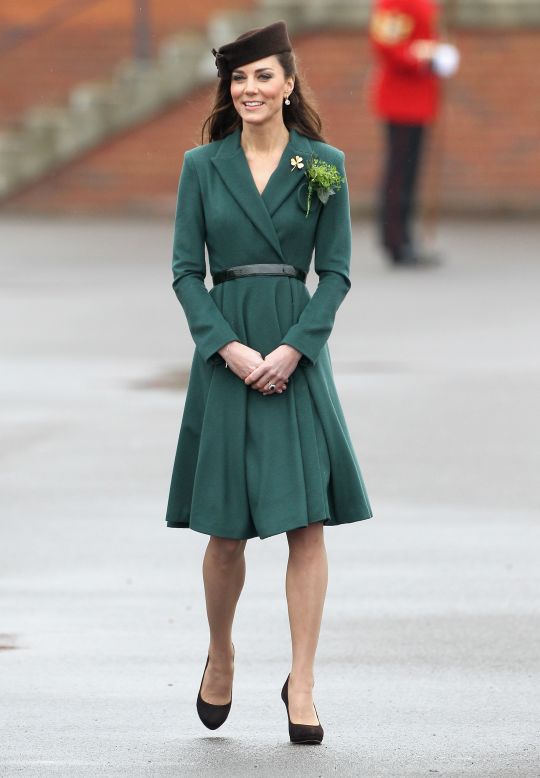 Kate donned a belted emerald coat by Emilia Wickstead on St. Patrick's Day in Aldershot, England. She accessorized her ensemble with a gold shamrock brooch -- a royal heirloom, according to<a href="http://www.telegraph.co.uk/news/uknews/theroyalfamily/9150267/Duchess-of-Cambridge-presents-St-Patricks-Day-shamrock-to-Irish-Guards.html" target="_blank" target="_blank"> The Telegraph.</a>