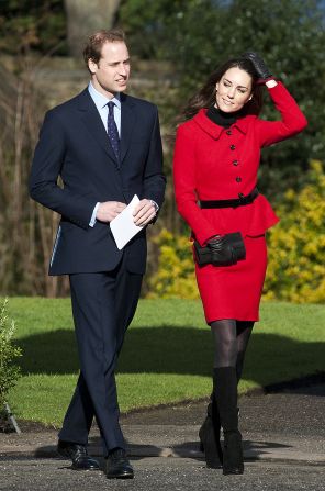 Kate, dressed in a red coat, and her then-fiancé visited the University of St. Andrews in Fife, Scotland, in February 2011. The couple met while studying at the university.