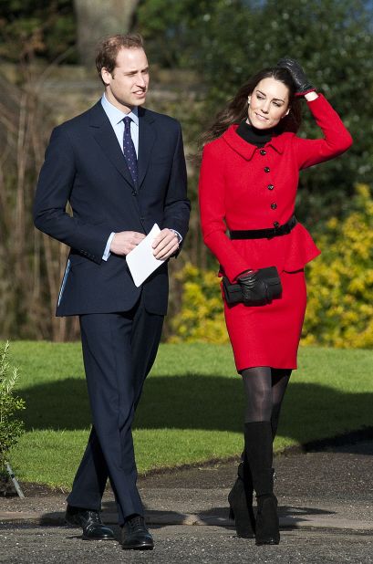 Kate, dressed in a red coat, and her then-fiancé visited the University of St. Andrews in Fife, Scotland, in February 2011. The couple met while studying at the university.