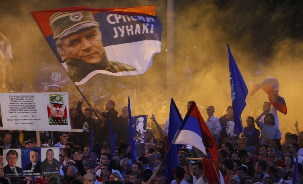 Mladic supporters protest at a rally organized by the ultra-nationalist Serbian Radical Party near parliament in Belgrade in May 2011.