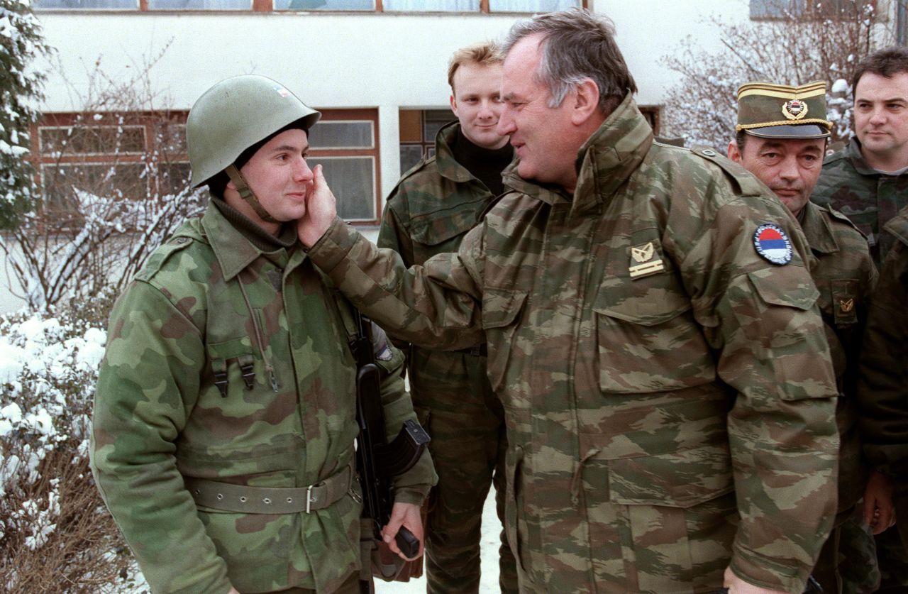 Ratko Mladic talks to a Serbian soldier on February 15, 1994 at  Lukavica barracks near Sarajevo six days before the NATO ultimatum.