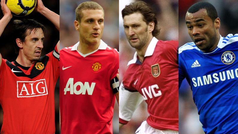 The defense includes two former United captains, with newly-appointed England coach Gary Neville selected at right back alongside Serbia's Nemanja Vidic. Arsenal's title-winning skipper Tony Adams is also included, along with Chelsea and England left back Ashley Cole.