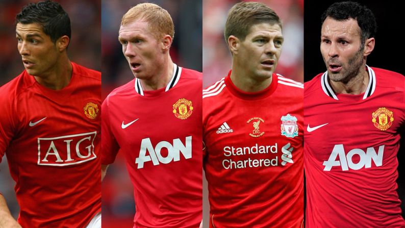 The midfield also features veteran Manchester United stars Giggs and Paul Scholes, who recently announced he will continue to play next season. Former United winger and current Real Madrid icon Cristiano Ronaldo is selected, with Liverpool captain Steven Gerrard completing the quartet.