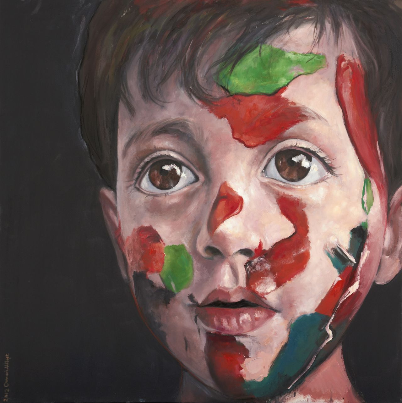 Abdalla Omari's oil paintings, such as "Syrian Child," showing a boy with the colors of the Syrian flag painted on his face, tackle complex psychological states fraught with emotion.