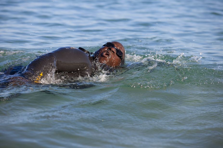 Keller does an open-water swim at Hapuna Beach.