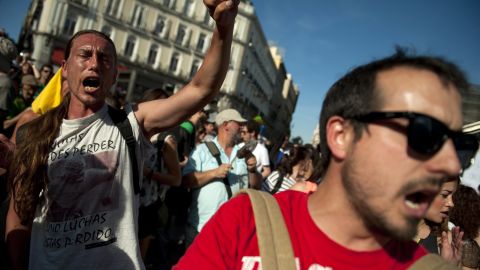 Protestors gather at Puerta del Sol square on May 15, 2012 during an anti-government rally in Madrid.