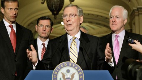 Senate Minority Leader Mitch McConnell, center, and Republican colleagues battled Senate Democrats on budget issues Wednesday.  