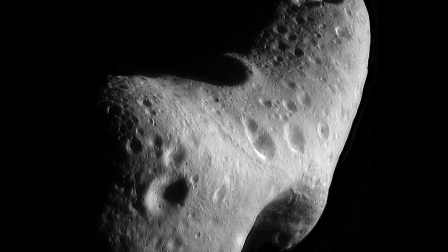 This image, taken by NASA's Near Earth Asteroid Rendezvous mission in 2000, shows a close-up view of the asteroid Eros.