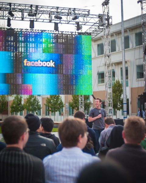 Zuckerberg speaks to his employees before officially beginning the Hackathon. He got a standing ovation.