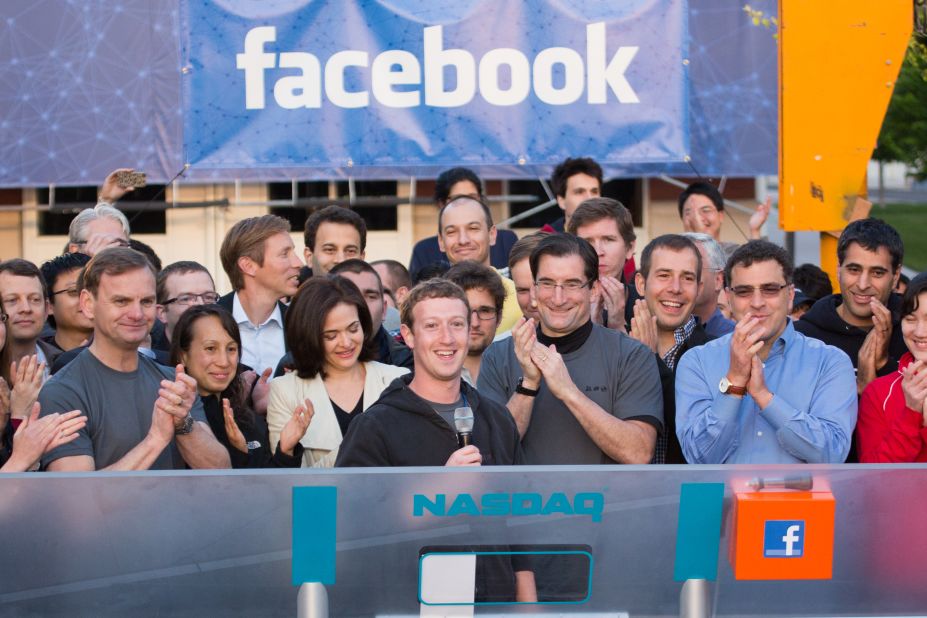 CEO Mark Zuckerberg rings the Nasdaq opening bell Friday morning from Facebook headquarters in Menlo Park, California. Facebook shares are priced at $38 each at opening. At that price, Facebook's IPO will raise $16 billion, making it the largest tech IPO in history.