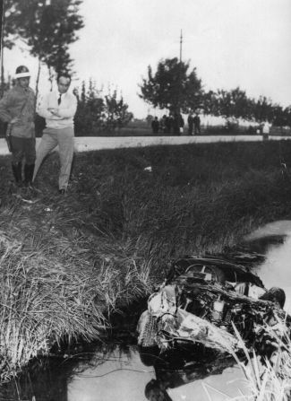 The wreckage of De Portago's car after his fatal crash in the Italian village of Guidizzolo.