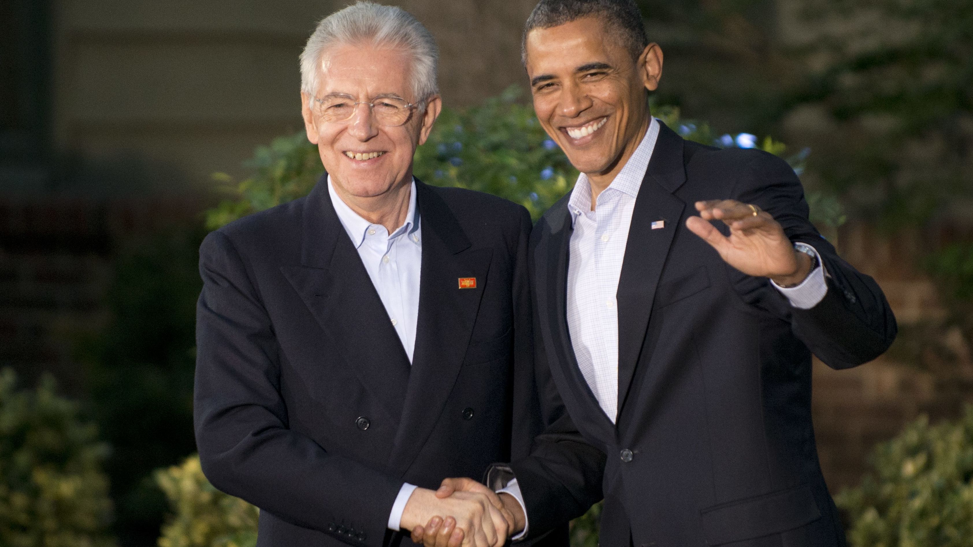 President Barack Obama greets Italian Prime Minister Mario Monti upon his arrival at Camp David in Maryland on Friday.