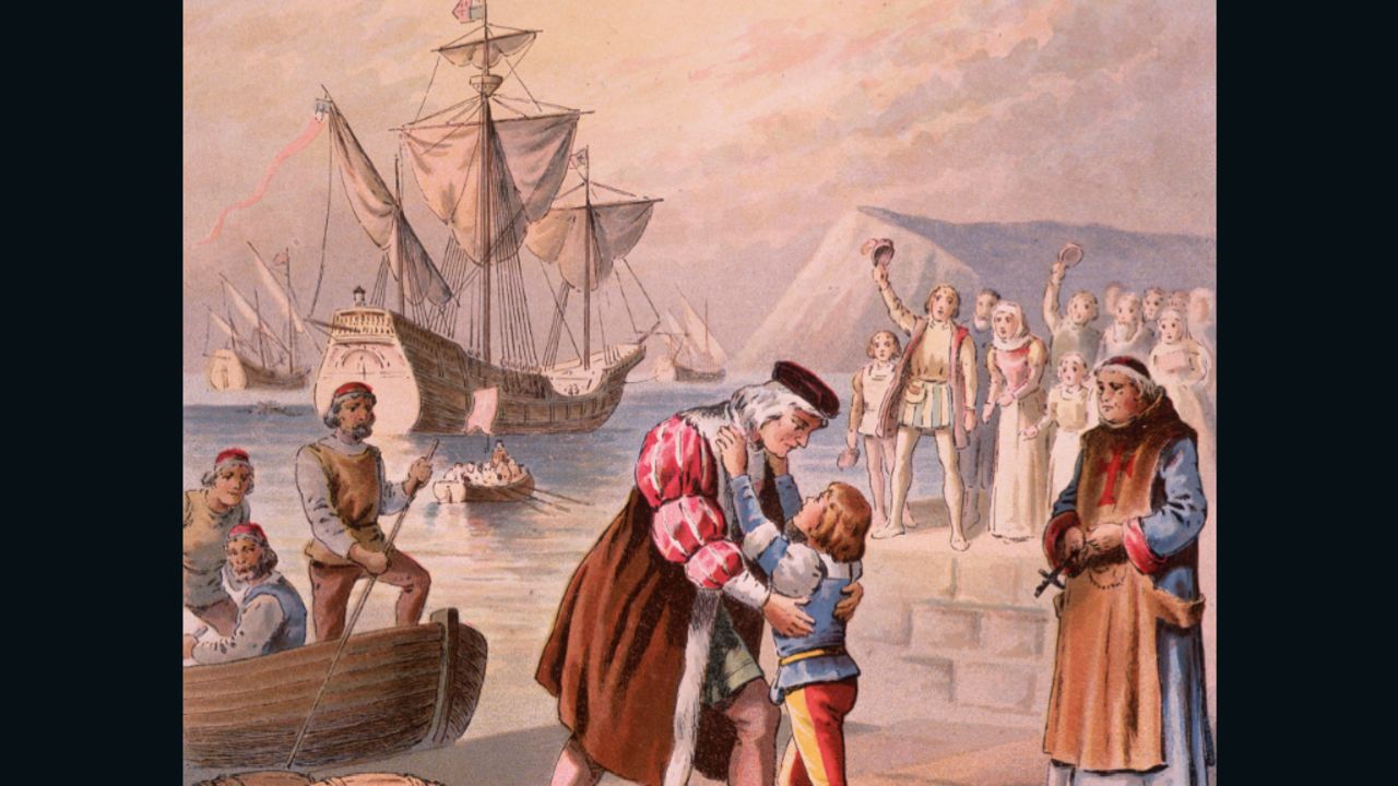 Columbus bids farewell to his son Diego at Palos, Spain, before embarking on his first voyage to find a passage to India by sailing west on August 3, 1492.