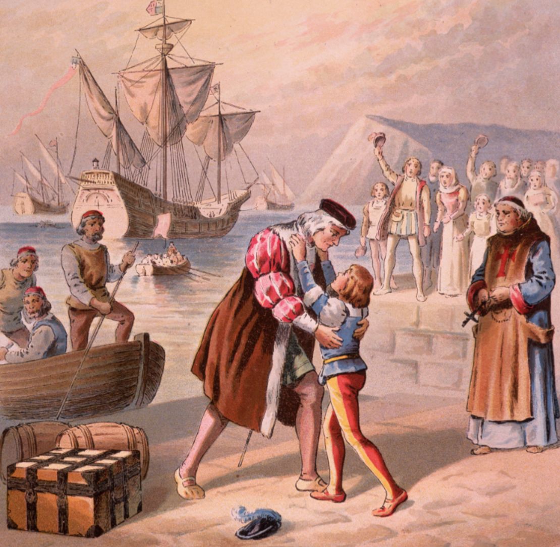 Columbus bids farewell to his son Diego at Palos, Spain, before embarking on his first voyage to find a passage to India by sailing west on August 3, 1492.