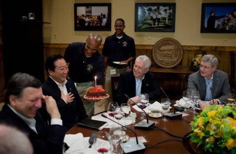 Delegates celebrate the Japanese prime minister's birthday during a G8 working dinner in Laurel Cabin at Camp David. Noda turns 55 on Sunday.