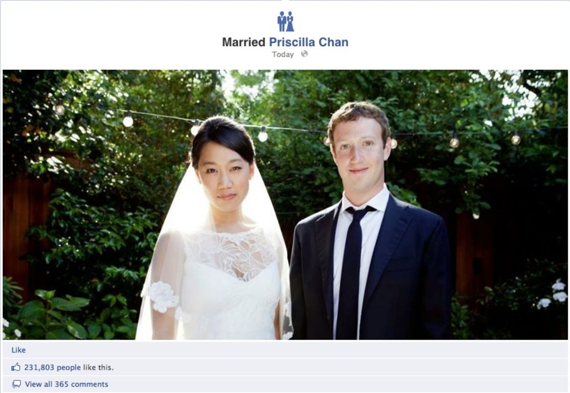 Facebook founder Mark Zuckerberg married his longtime girlfriend, Priscilla Chan, on May 19, 2012.