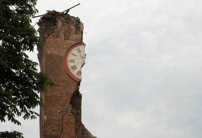 The clock tower in Finale Emilia, Italy, was badly damaged in Sunday's earthquake.