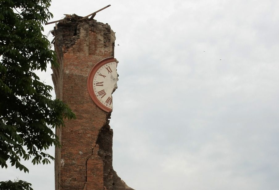 The clock tower in Finale Emilia, Italy, was badly damaged in Sunday's earthquake. 