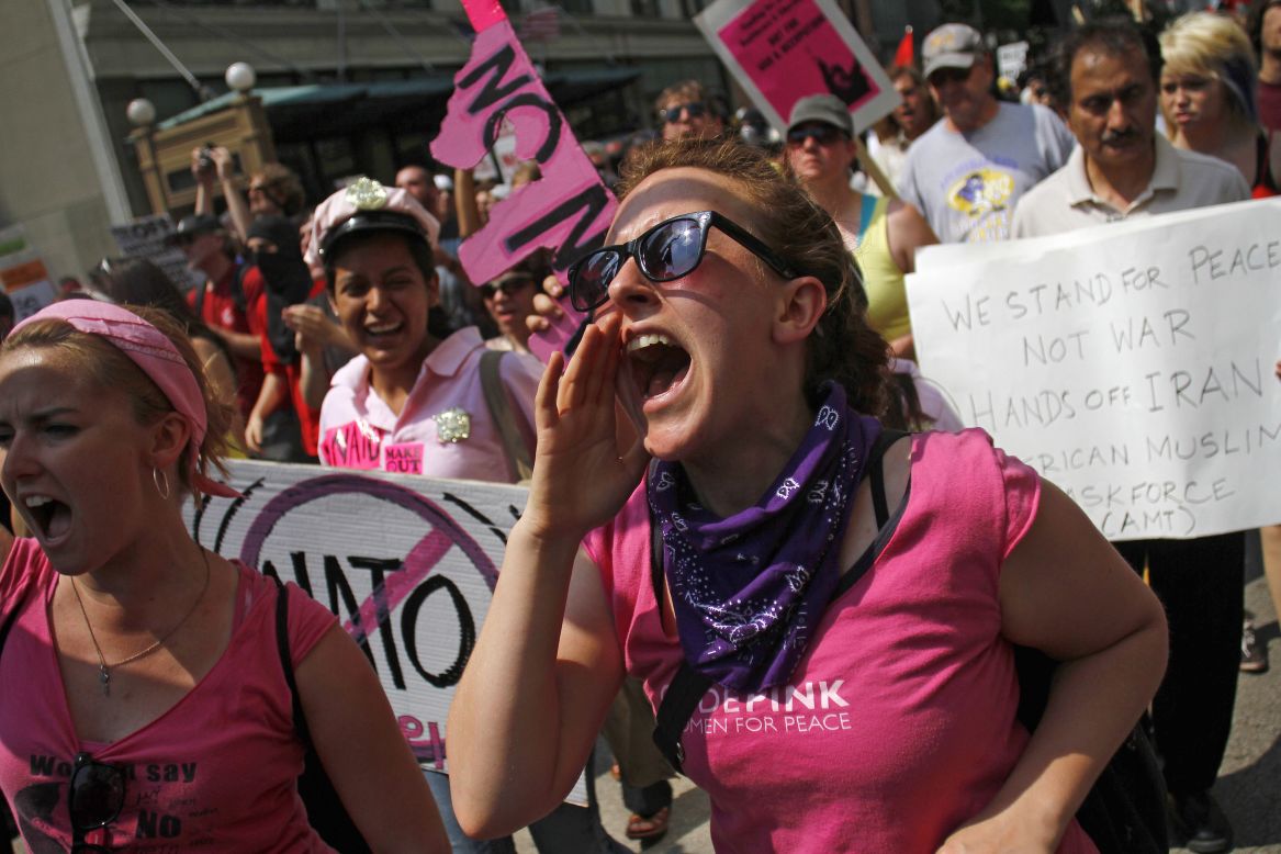 Members of the anti-war group Code Pink demonstrate in Chicago on Sunday.