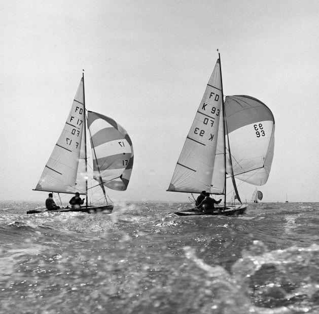Sailing legend and clothing company founder Keith Musto is seen here fighting for second place against a French rival during the 1964 "Flying Dutchman" European championships. He and his sailing partner went on to win a silver medal at that year's Olympic Games in Tokyo.