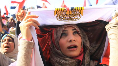 An Egyptian women demonstrates in Cairo's Tahrir Square in January  2012, ahead of a mass rally to demand democratic change.