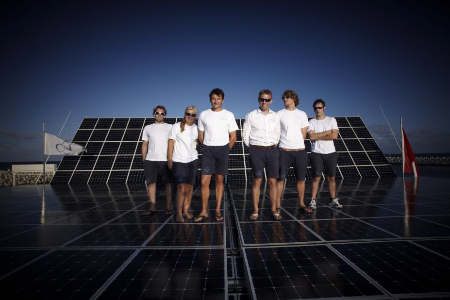Skipper Raphael Domjan (third from the right) with his crew aboard the  "Turanor," which is dotted with 536 square-meters of photovoltaic panels - enough to cover over two tennis courts. 