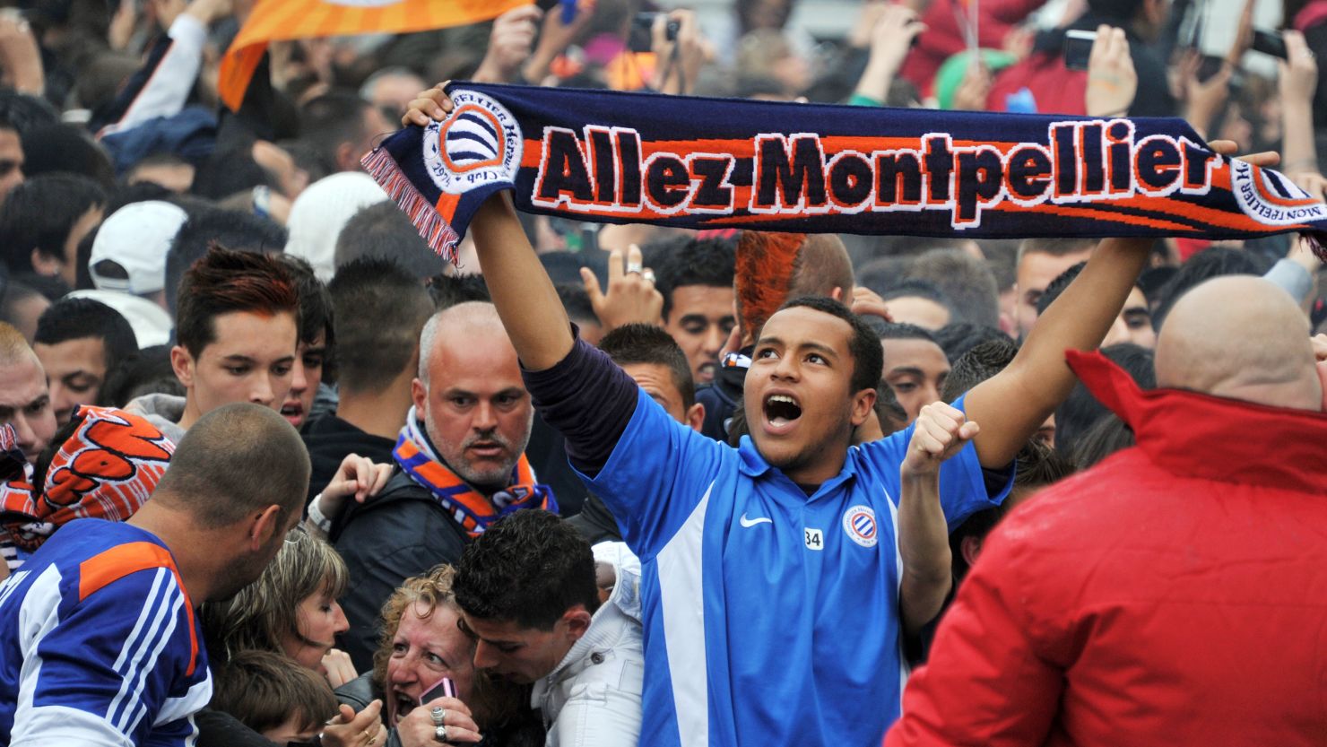 Fans celebrate Montpellier winning the French league, the first time the team has ever won the title.