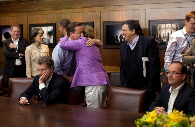 Despite England's Chelsea overcoming Bayern of Germany, Cameron and Merkel were able to embrace at the end of a thrilling contest.