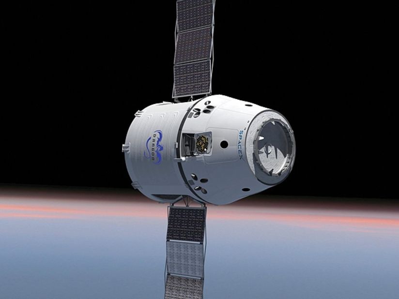 This rendering of the Dragon capsule shows the craft's solar panels fully extended. The capsule launched in May extended its panels in orbit.